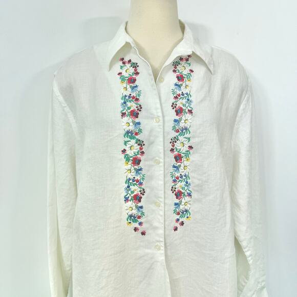 Lauren Ralph Lauren Linen Button-Down Shirt Embroidered Floral Top Blouse 3X - Picture 3 of 10